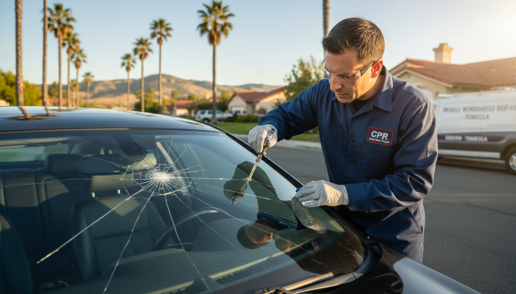 Cracked windshield repair in Temecula by CPR Auto Glass Repair technician
